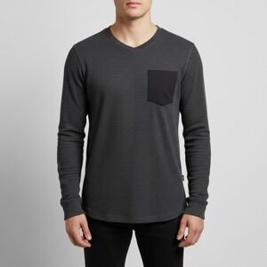 DH3 Mens Charcoal Grey Waffle Knit V-Neck Long Sleeve Thermal Shirt Large